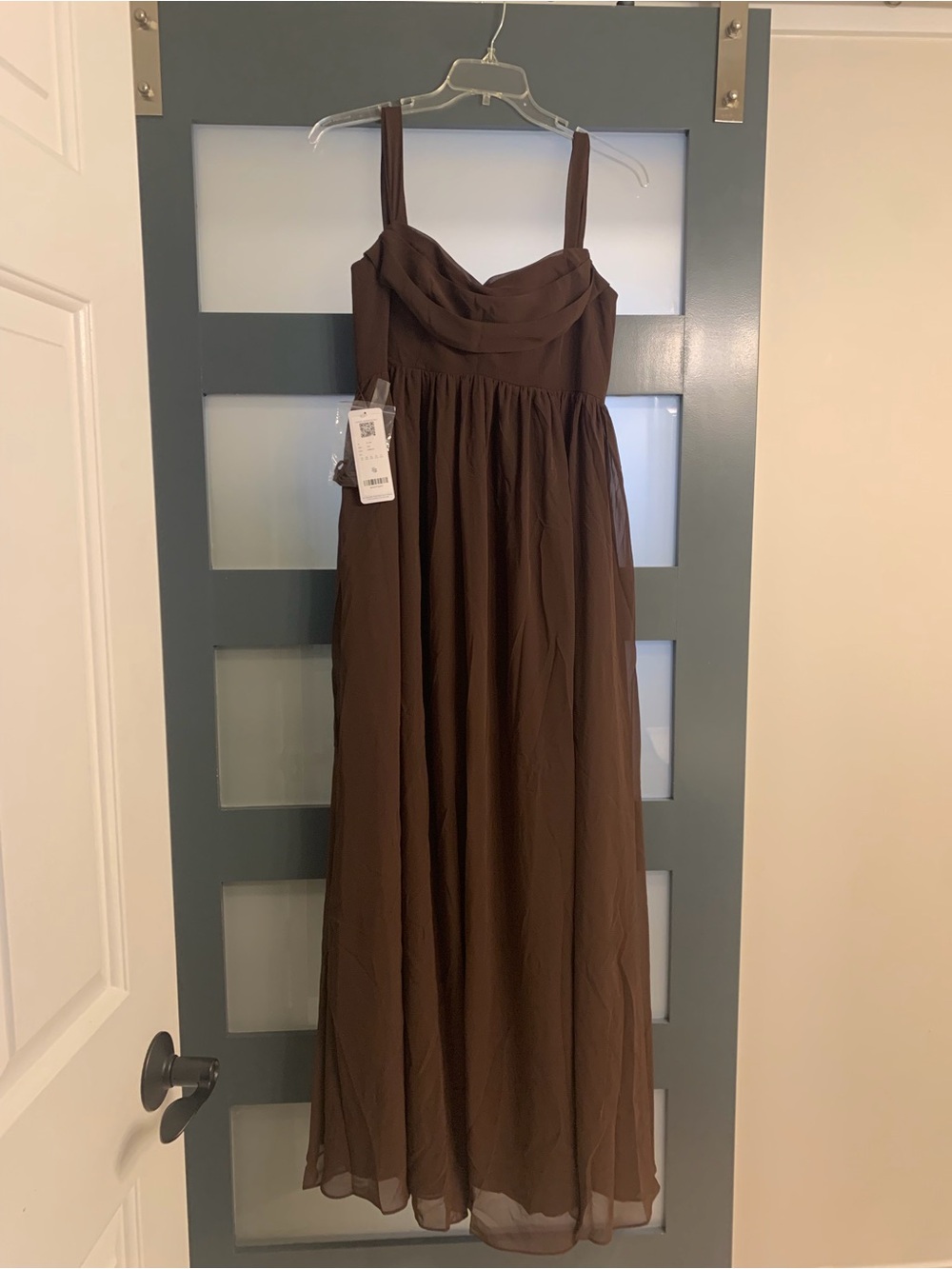 Azazie Bridesmaid Saige Ganache Brown Off-Shoulder Chiffon Maxi Dress - Picture 2 of 5